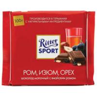 RITTER SPORT ШОКОЛАД МОЛОЧНЫЙ С ИЗЮМОМ В РОМЕ И КУСОЧКАМИ ЛЕСНОГО ОРЕХА 100Г